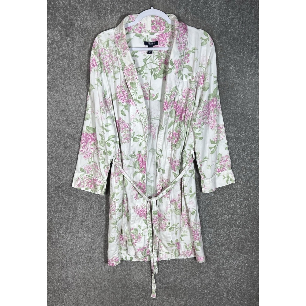 Chaps Cotton Robe Womens Sz Large White Pink Green Floral Pockets Shabby Chic